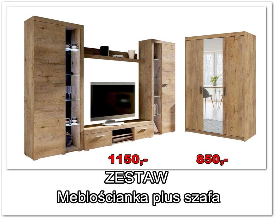 Duża meblościanka szafa trzydrzwiowa z lustrem zestaw mebli beton