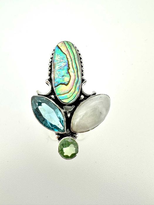 Pierścionek kamień księżycowy, topaz, muszla abalone paua. Próba 925