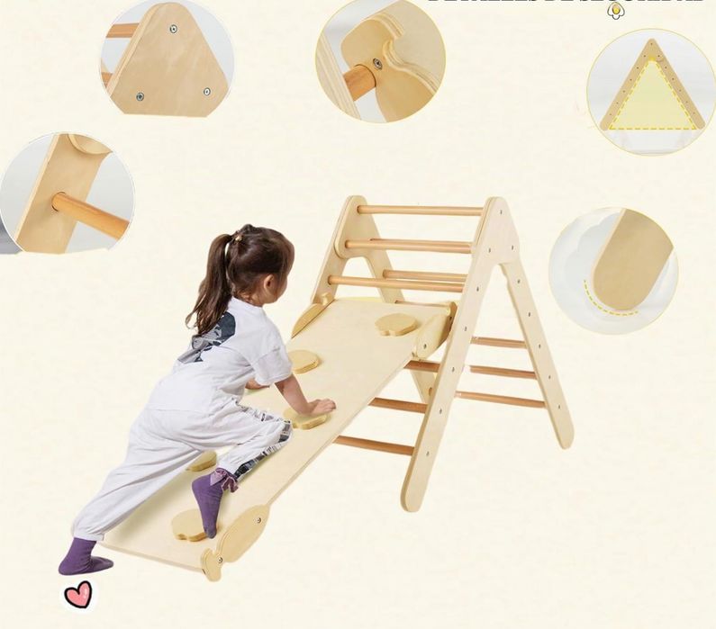Escorrega infantil de madeira com parede escalada estilo Montessori