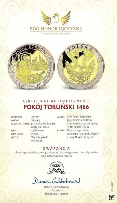Medal Pokój Toruński 1466 z serii Bóg Honor Ojczyzna