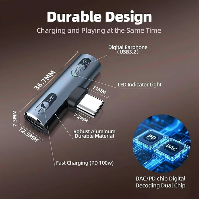 Leloco Adapter słuchawkowy USB-C – 2 w 1, 100 W, szybkie ładowanie