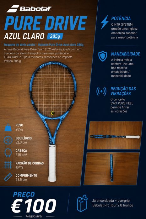 Babolat Pure Drive Team 285g Azul Claro — encordoada + overgrip