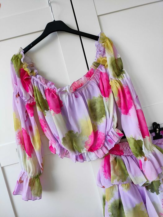 Komplet spódniczka + bluzka hiszpanka falbany boho lila S M L