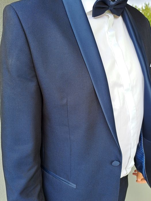 Garnitur ślubny marynarka smokingowa spodnie dla wysokiego pana granat