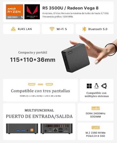 Mini PC AMD Ryzen 5 3500U | 8GB RAM | 256GB SSD NVMe | 4K 60Hz | Novo