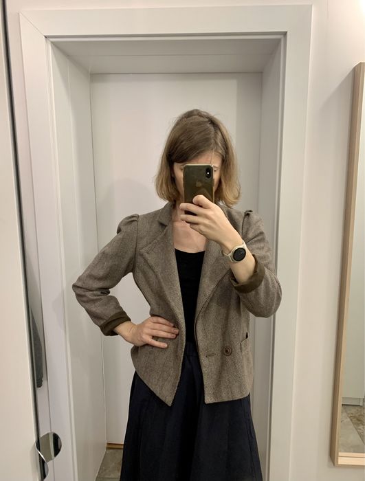 Vintage retro marynarka ramoneska bomberka S wełna pepitka jodełka