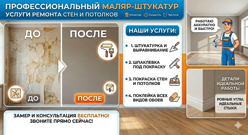 Качественный ремонт стен и потолков! Маляр-штукатур