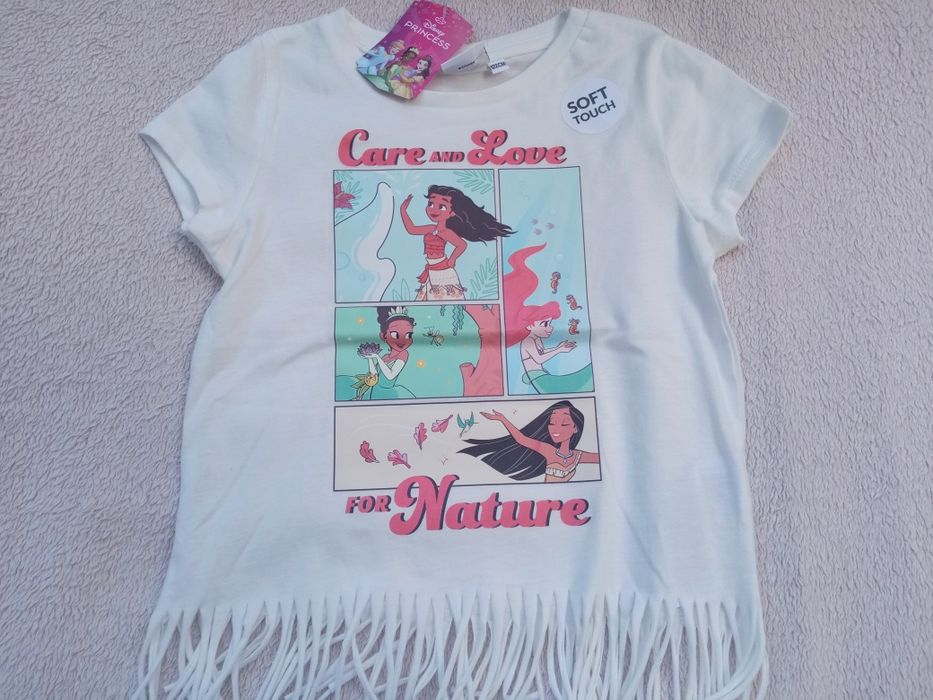 Nowa koszulka Disney Princess 122 ecru z frędzlami Moana Ariel
