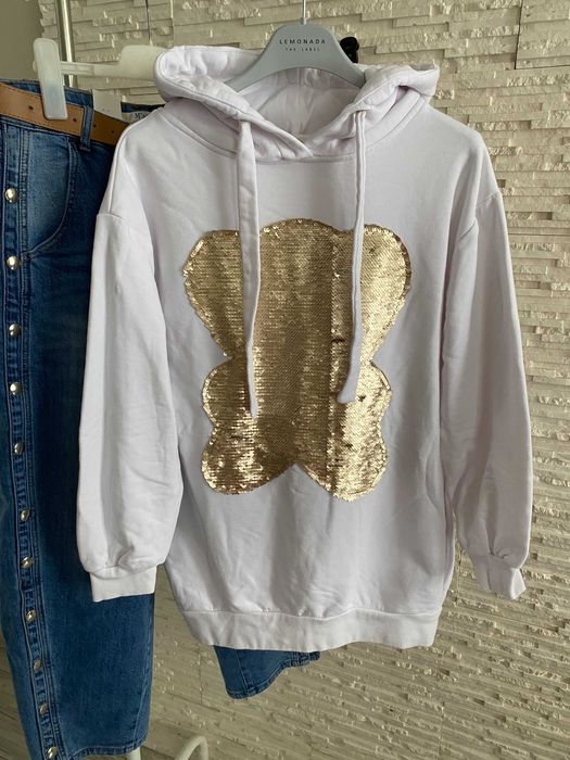 Cocomore biała bluza z misiem cekiny miś teddy