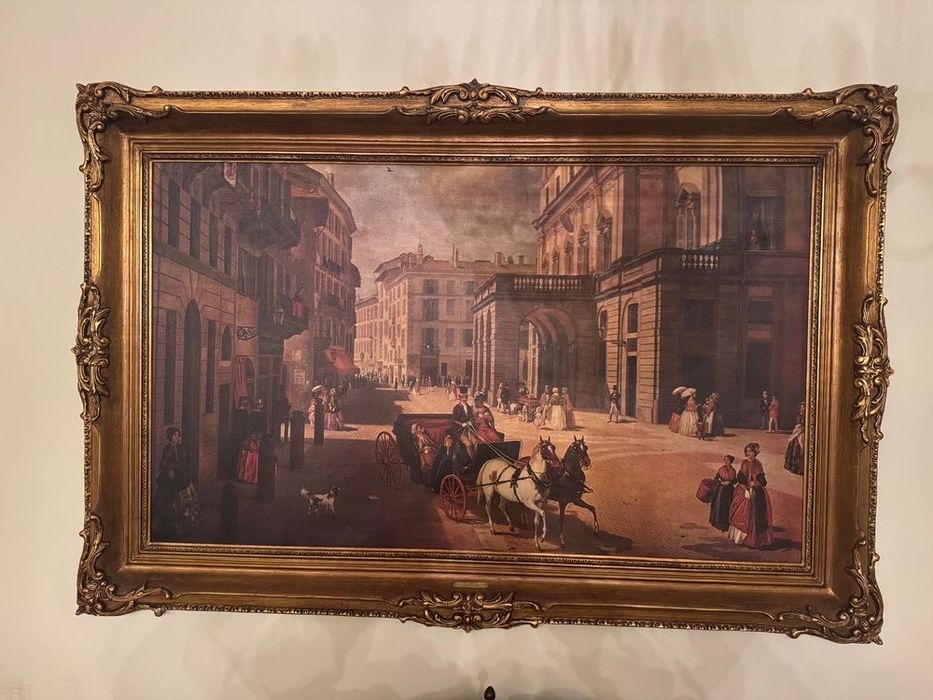 Quadro tela a óleo teatro La Scala Angelo Inganni moldura madeira dour