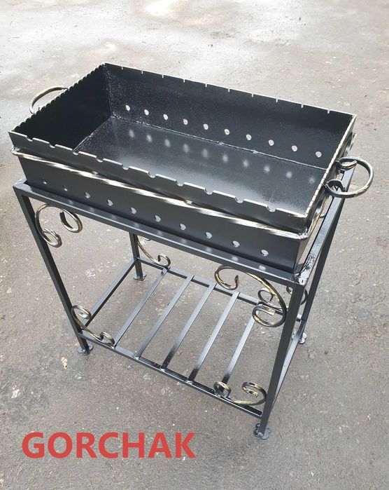 Мангал на 10 шампурів, сталь 4 мм, на прямокутній стійці з дровницею