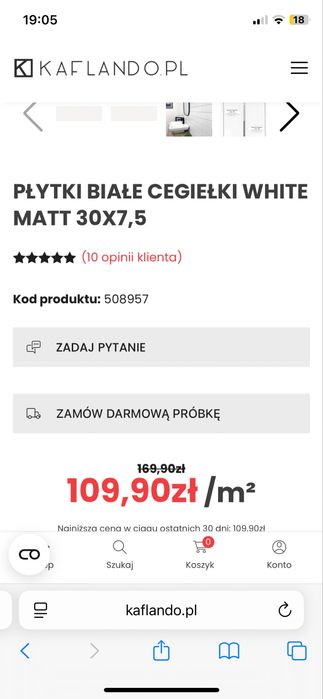 Hiszpańskie płytki białe cegiełki matt 30x7,5 nowe 12m KAFLANDO