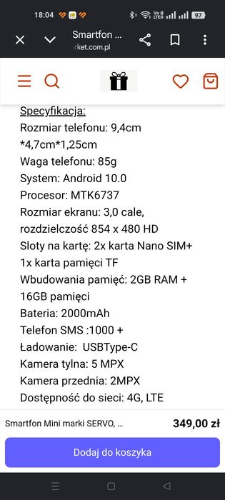 Mini smartfon Servo king8000 3"