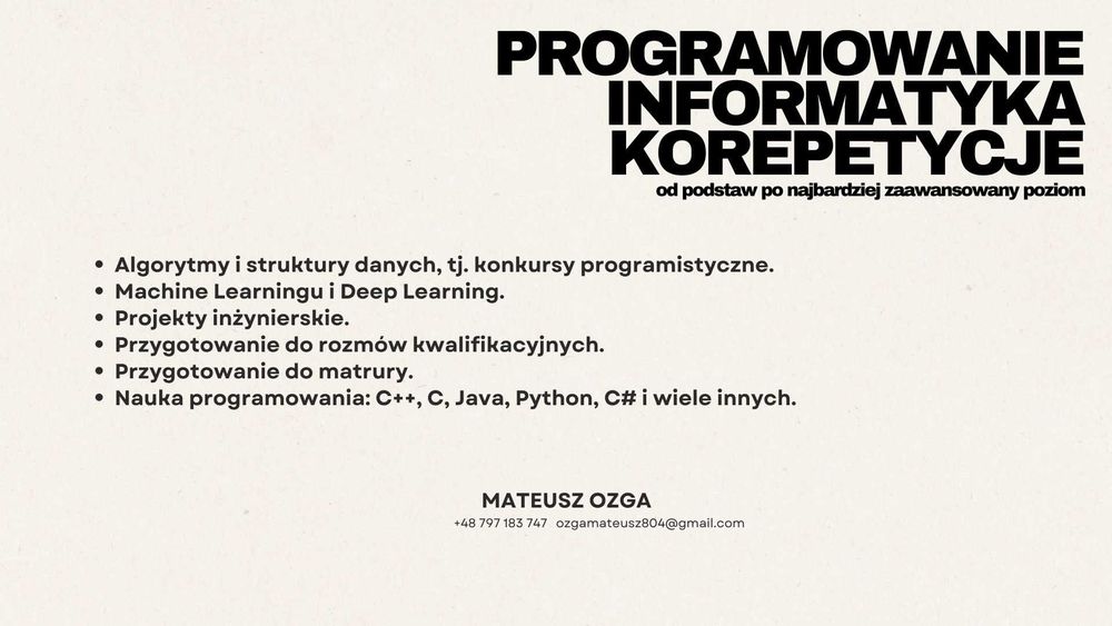 Korepetycje Programowanie, Informatyka, Python, C/C++, Java, C#, DL/ML