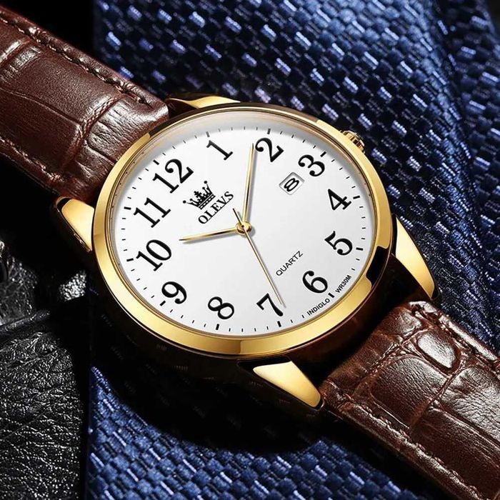 Klasyczny zegarek kwarcowy Olevs 39mm złoty biała tarcza pasek brązowy