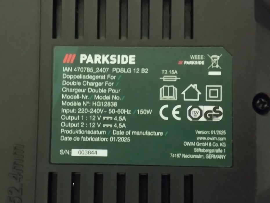 Carregador duplo 4,5A Parkside 12V