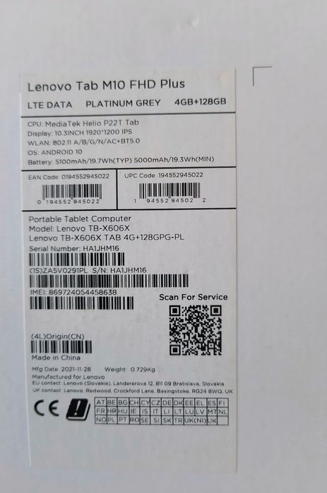 Tablet Lenovo Tab M10 FHD Plus 4GB/128GB LTE