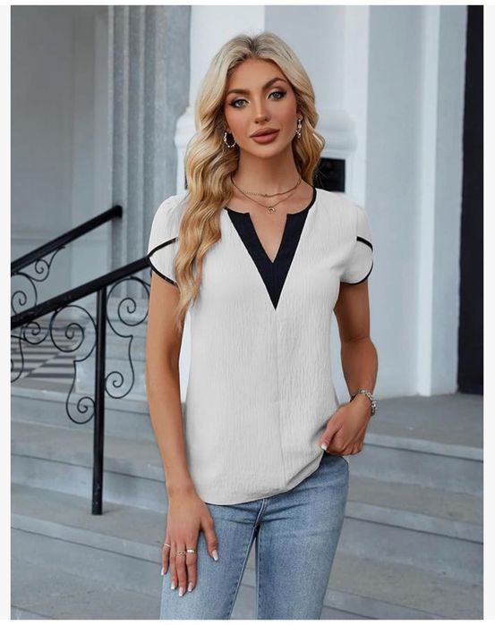 Elegancka bluzka damska,krótki rękaw, biała, rozm. L LEKOPUR