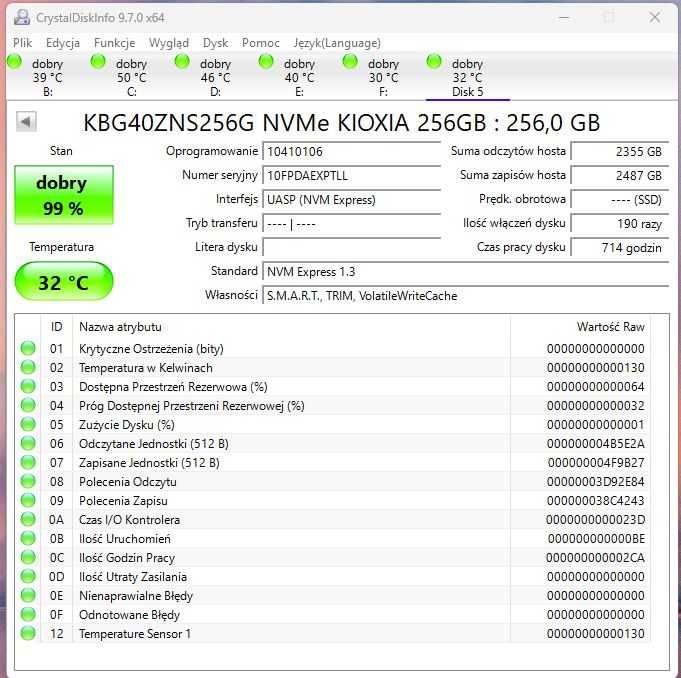 Dysk SSD Kioxia KBG40ZNS256G PCI-E 4.0 M.2 2230 NVMe