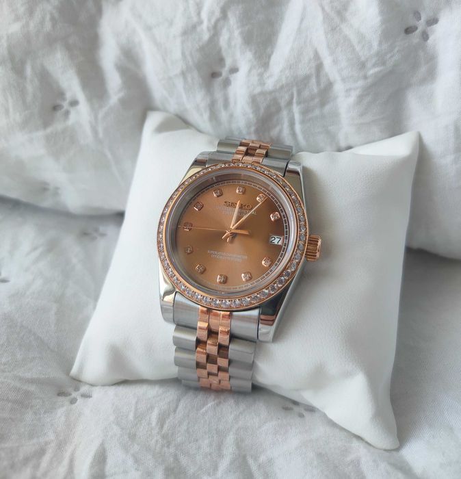 Relógio Automático Seiko Mod Datejust Rose Gold Diamond Chocolate