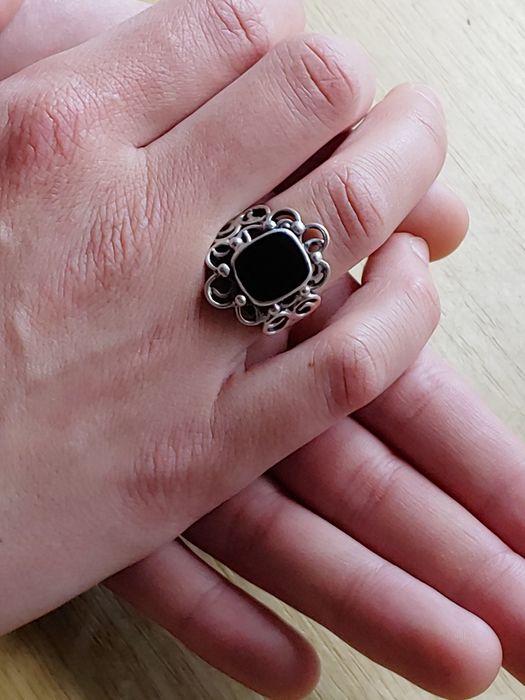 Orno stary srebrny pierścionek onyx PRL srebro rękodzieło