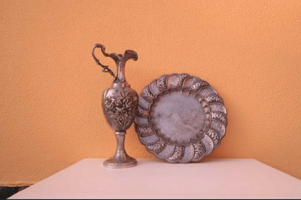 Tin Pitcher and Plate Set