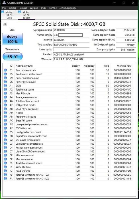 Dysk SSD 2.5 SP Silicon Power A55 4TB 4000GB TLC 500 MB/s SATA III Gwarancja, dowód zakupu, wejdzie do laptówów 7mm. Polecam.