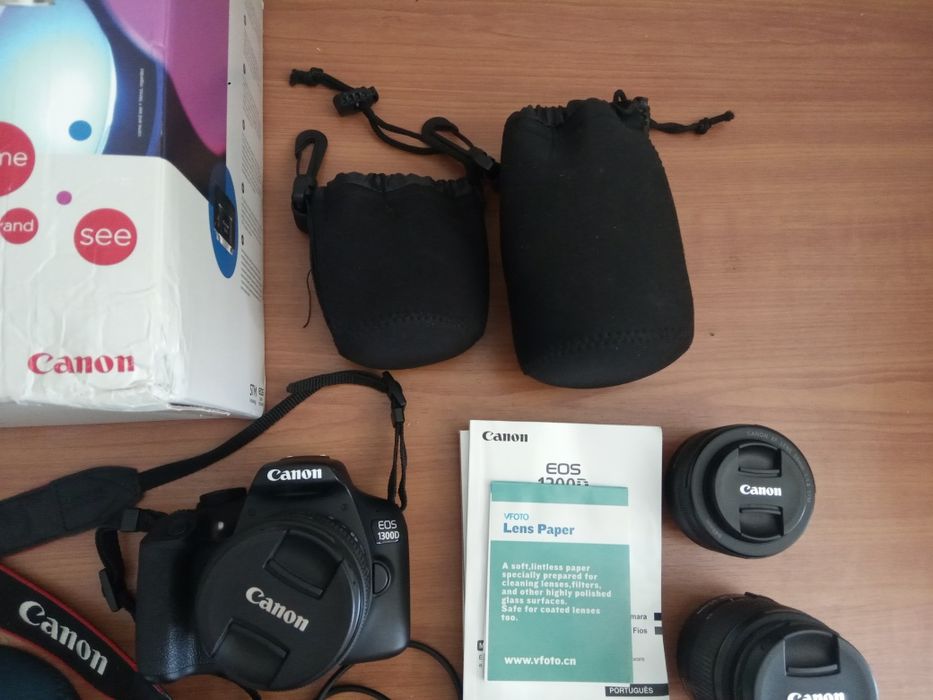 Câmara Fotográfica Canon 1300D + lentes 18-55 e 50mm + acessórios