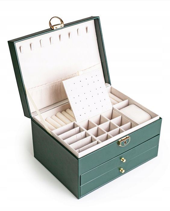 Nowa zielona szkatułka organizer na biżuterię z zamkiem