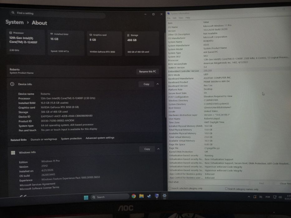 PC Gaming + Monitor AOC 165Hz - i5-12400F | RTX 3050 8GB | 16GB RAM | 500Gb SSD NVMe