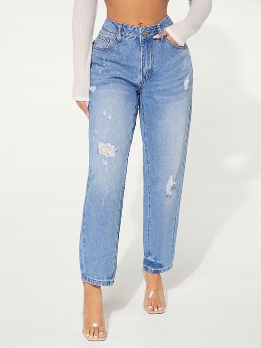 Jeansy Mom Fit Z Przetarciami Rozdarcia Shein L