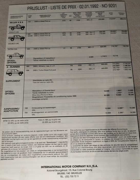 Lista de Preços Toyota 1992