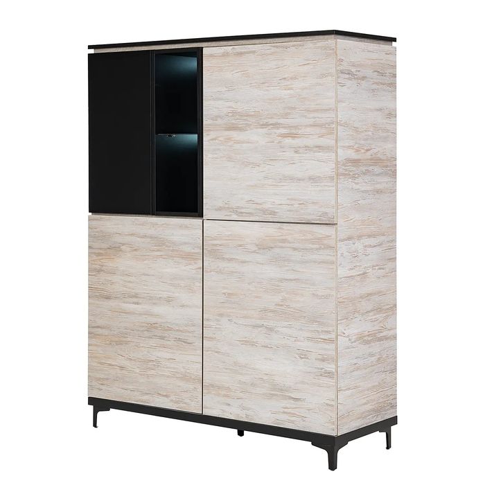 Nowoczesna komoda/witryna – dąb jasny z czarnymi akcentami