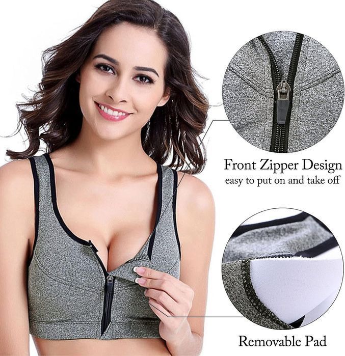 Sports Bra - Front Zipper Push-Up - 3XL Grey
