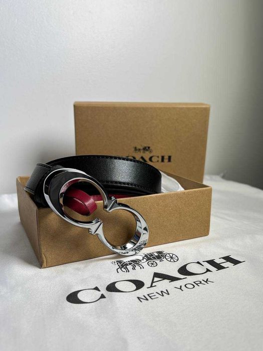 Ремень Coach Signature Buckle, 25 мм (серебро/черный/бордо)