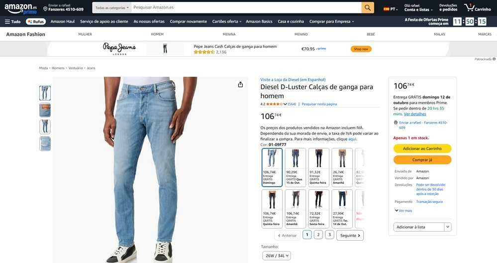 Diesel d-luster calças de ganga homem Tam 26W 34L