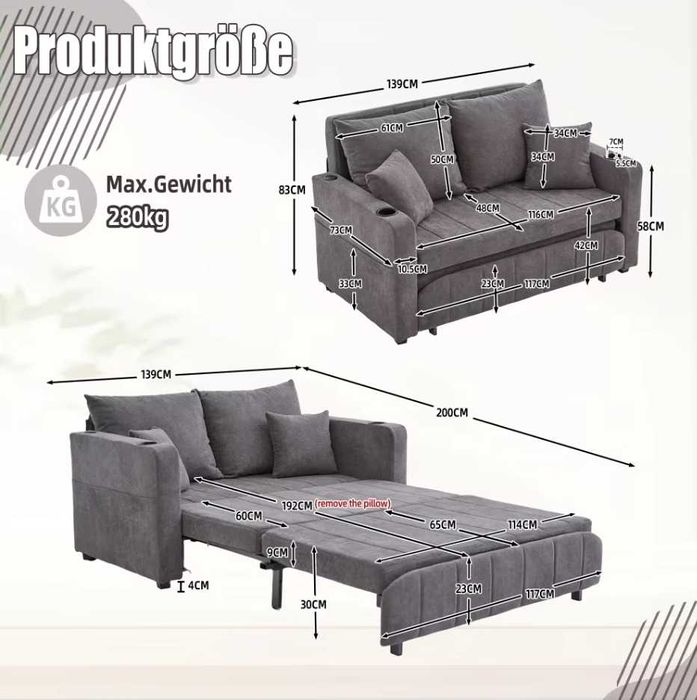 Wielofunkcyjna, rozkładana sofa z USB
