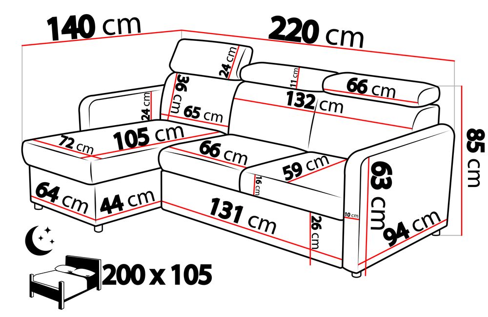 Narożnik BARCELO MINI 220 x 140 - funkcja spania, pojemnik, ruchome zagłówki