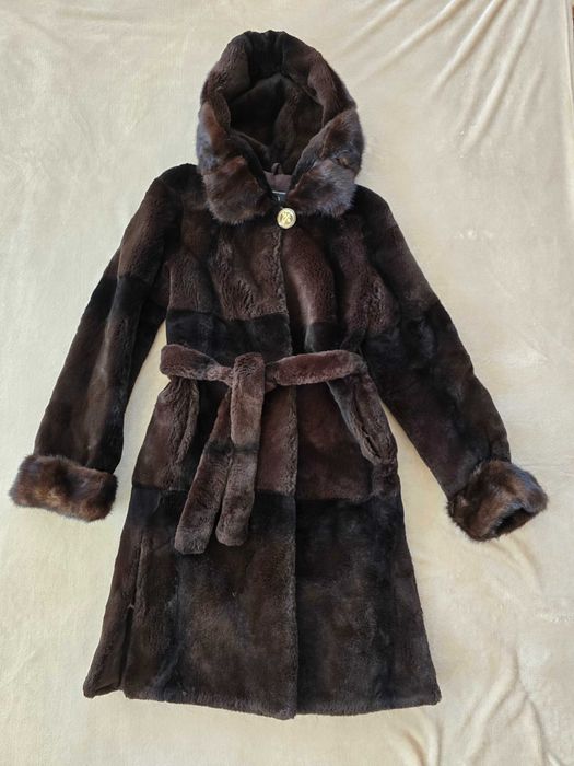 Шуба натуральна стрижений бобер та норка коричнева р.XS