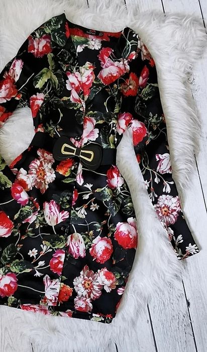 Sukienka Koszulowa Satynowa Kwiaty Elegancka Boho Retro Vintage M