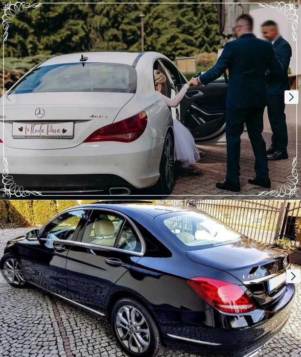 Auta do ślubu. Samochody na ślub. Biały - Mercedes CLA oraz czarny - Mercedes C klasa