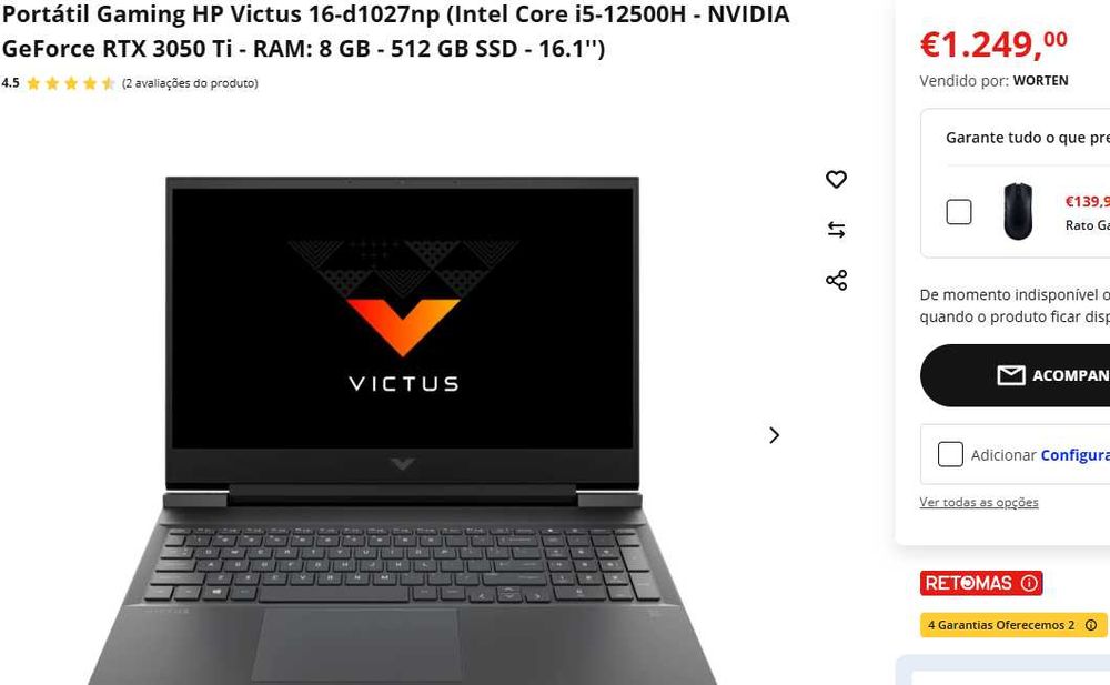 Portátil Gaming HP Victus 16-d1027np (Intel Core i5-12500H - NVIDIA GeForce RTX 3050 Ti - RAM: 8 GB - 512 GB SSD - 16.1'') SÓ HOJE 600€