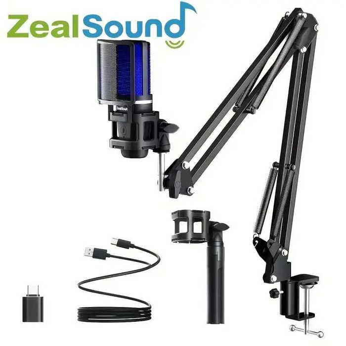 Геймінговий мікрофон ZealSound RGB з кронштейном для стрімів (кардіоїда, USB, моніторинг)