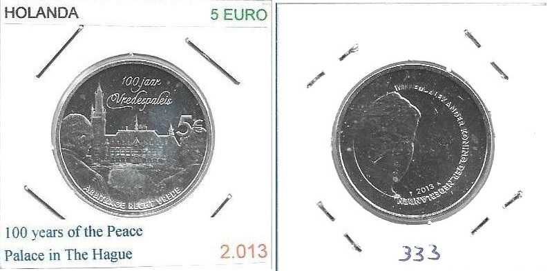 Holanda -5 Euros- 2013 - - - 100 anos do Palácio da Paz em Haia -Moeda