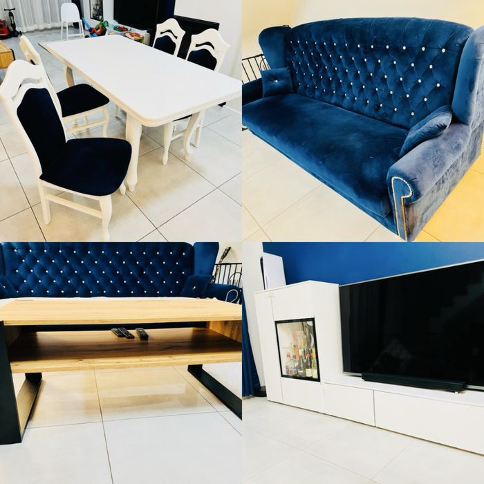 Zestaw mebli do salonu - stół, krzesła, kanapa, stolik rtv, barek