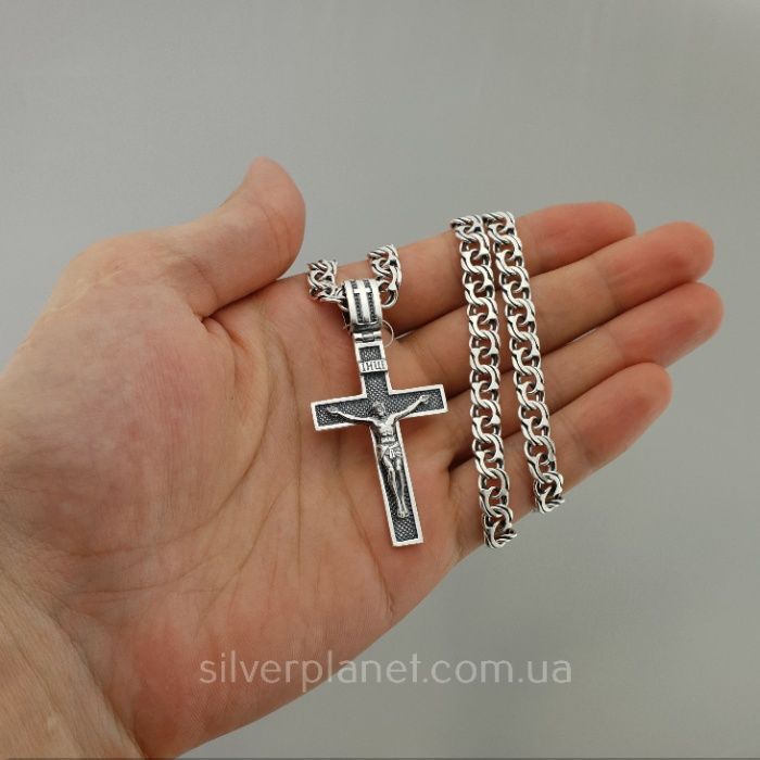 Чоловіча срібна цепочка з хрестиком Бісмарк. комплект срібло 925