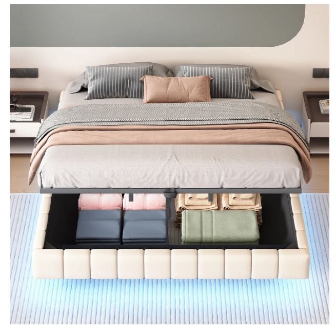 Cama (180x200cm) com baú estofada com LED - NOVA