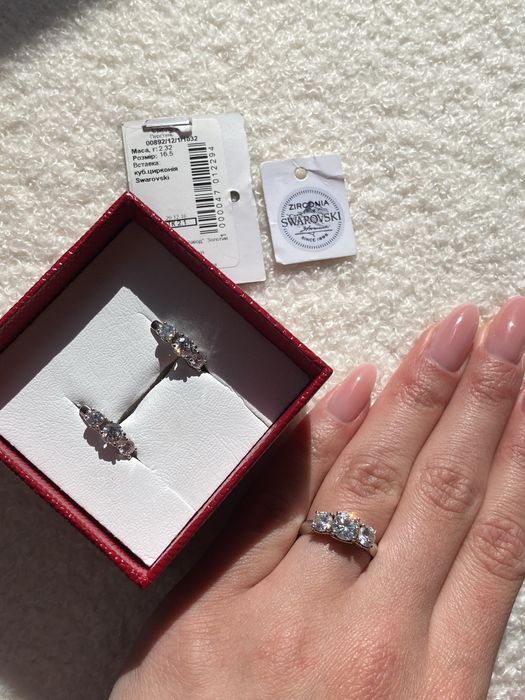 Swarovski серьги, кольцо, Сваровски сережки, обручка срібна