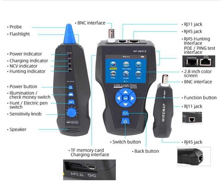 NOYAFA NF-8601S  тестер  мережевого кабелю RJ45 CAT6 Lan трекер PoE