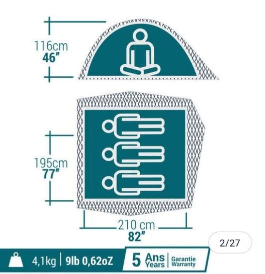 Tenda de campismo 3 pessoas,. MH100 Fresh & Black